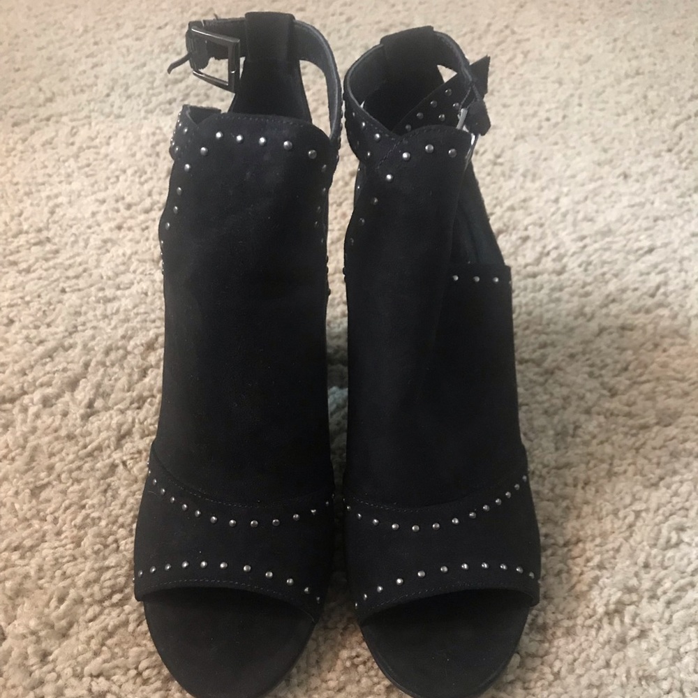 Black suede studded peep toe pumps